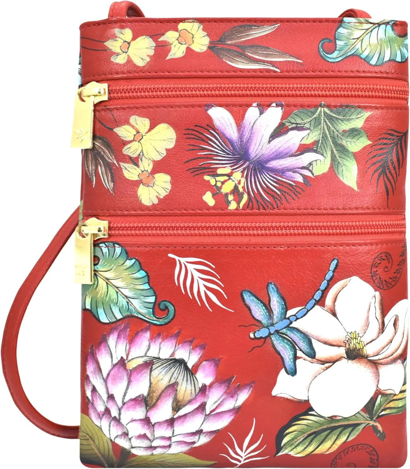 Anuschka Women’s Hand Painted Genuine Leather Mini Double Zip Travel Crossbody - Magnetic Closure, ID Holder & Optical Case