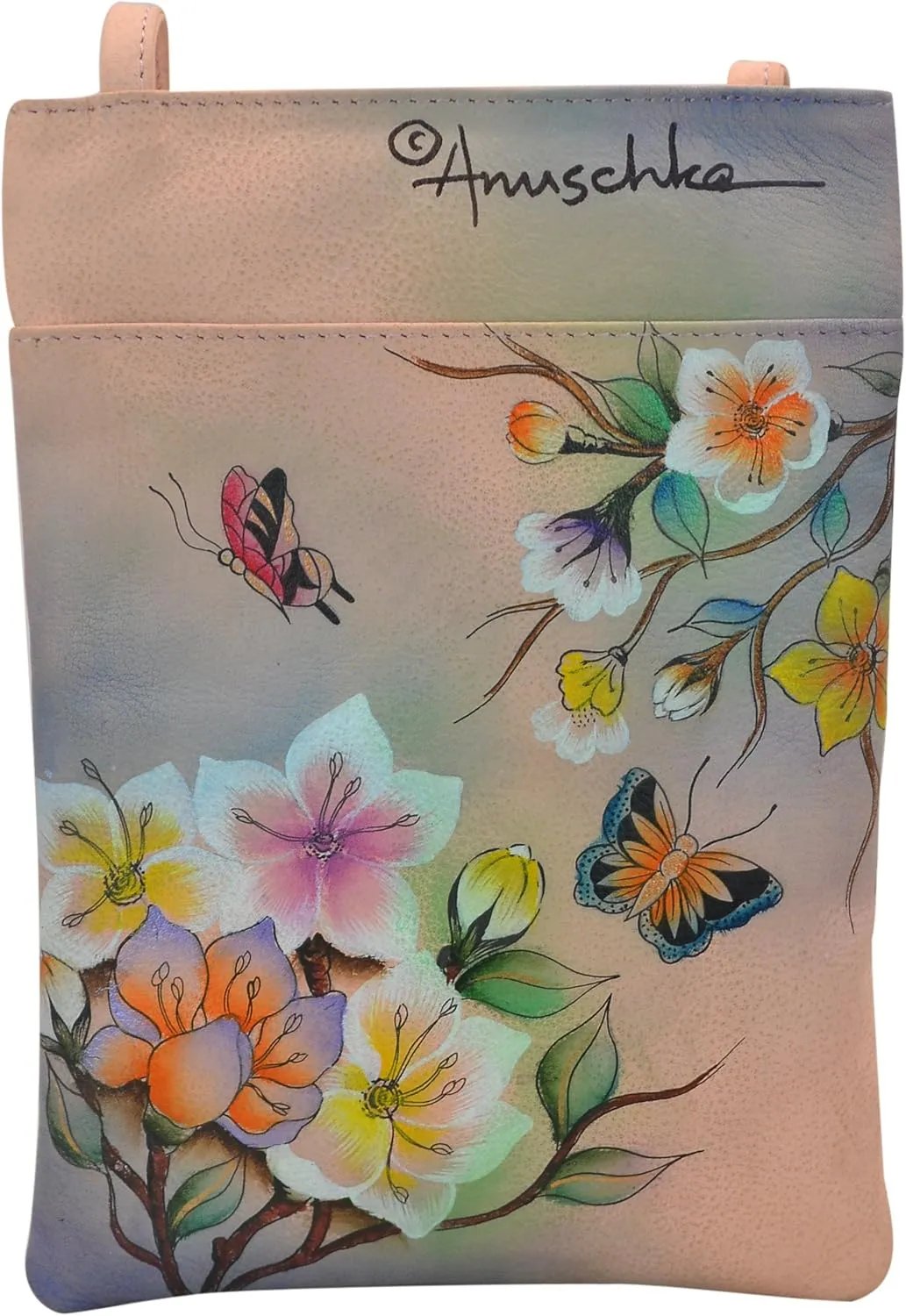 Anuschka Women’s Hand Painted Genuine Leather Mini Double Zip Travel Crossbody - Magnetic Closure, ID Holder & Optical Case