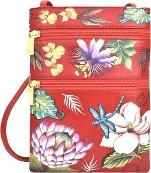 Anuschka Women’s Hand Painted Genuine Leather Mini Double Zip Travel Crossbody - Magnetic Closure, ID Holder & Optical Case