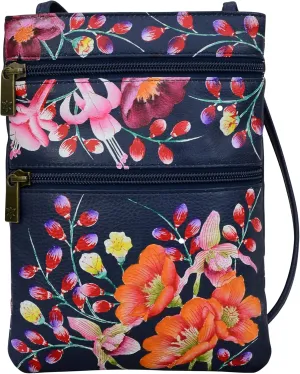 Anuschka Women’s Hand Painted Genuine Leather Mini Double Zip Travel Crossbody - Magnetic Closure, ID Holder & Optical Case