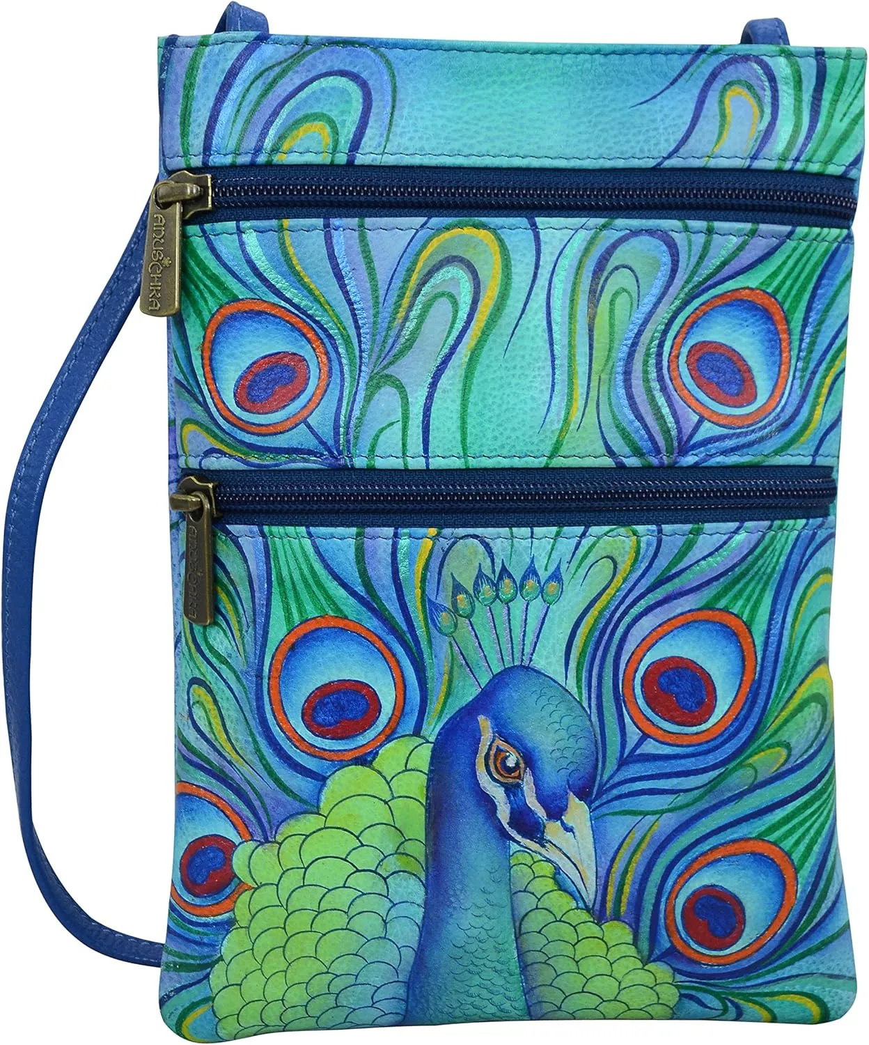 Anuschka Women’s Hand Painted Genuine Leather Mini Double Zip Travel Crossbody - Magnetic Closure, ID Holder & Optical Case