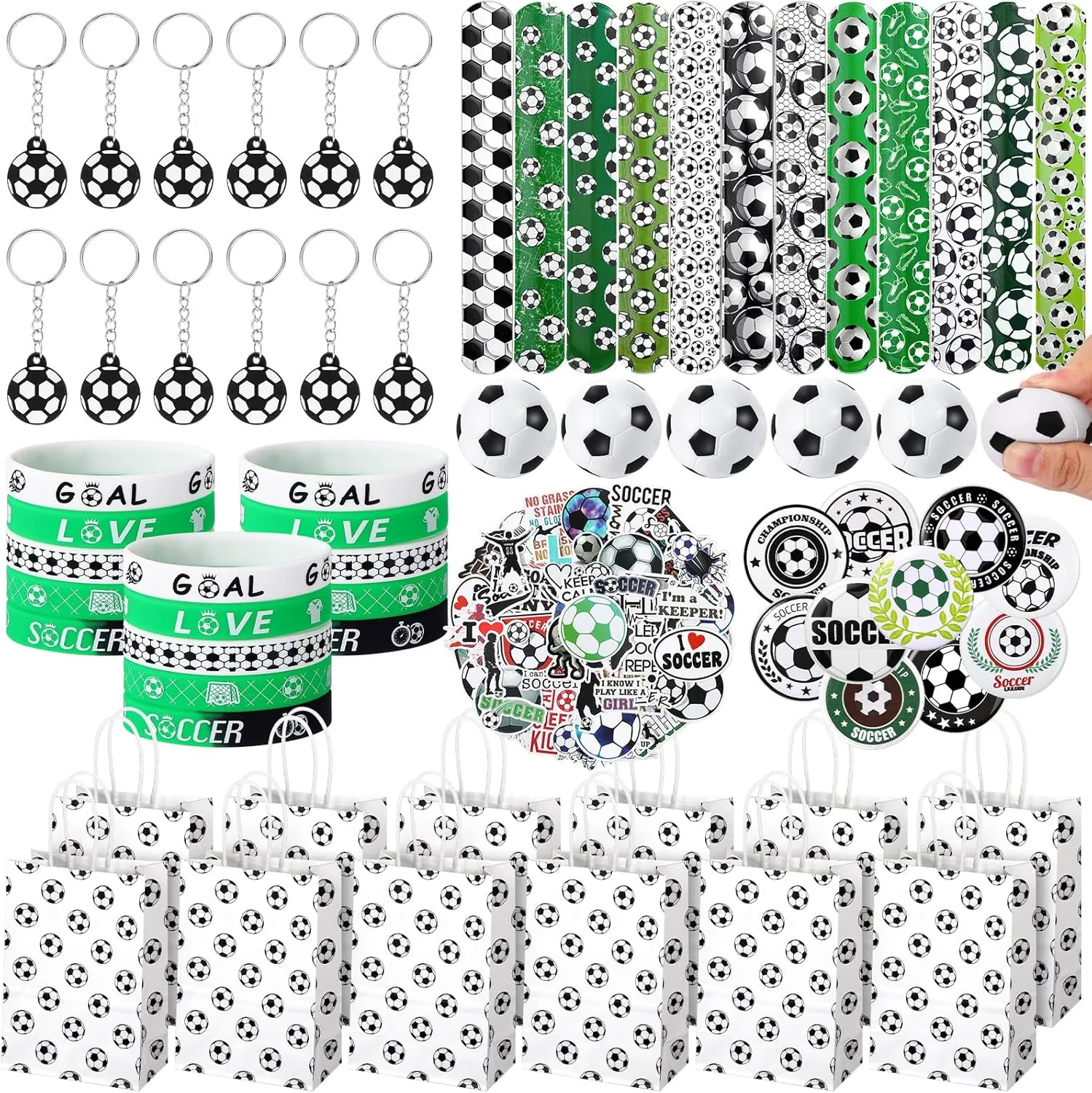 Aoriher 194 Pcs Soccer Party Favor Bulk Sport Birthday Party Gift Soccer Goodie Bag Filler Mini Soccer Ball Toy Silicone Bracelet Soccer Tattoo Sticker Soccer Slap Bracelet Keychain Button Pin