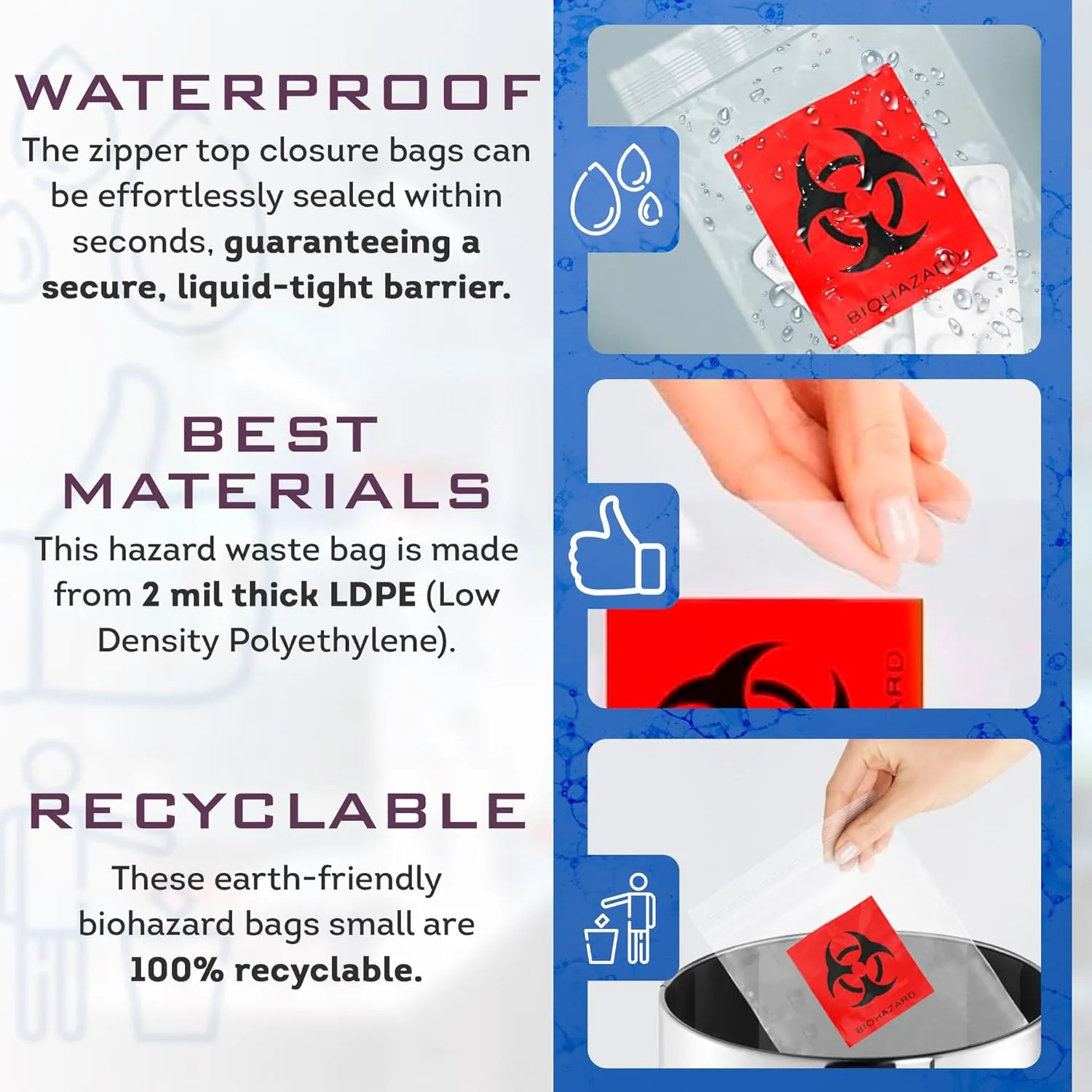 APQ Biohazard Specimen Bags, 6 x 8 Inch. Pack of 100 Clear Zipper Specimen Bags. 3 Wall Polyethylene Specimen Bag. 2 Mils Specimen Biohazard Bag. Biohazard Transport Bag. Biohazard Plastic Bags