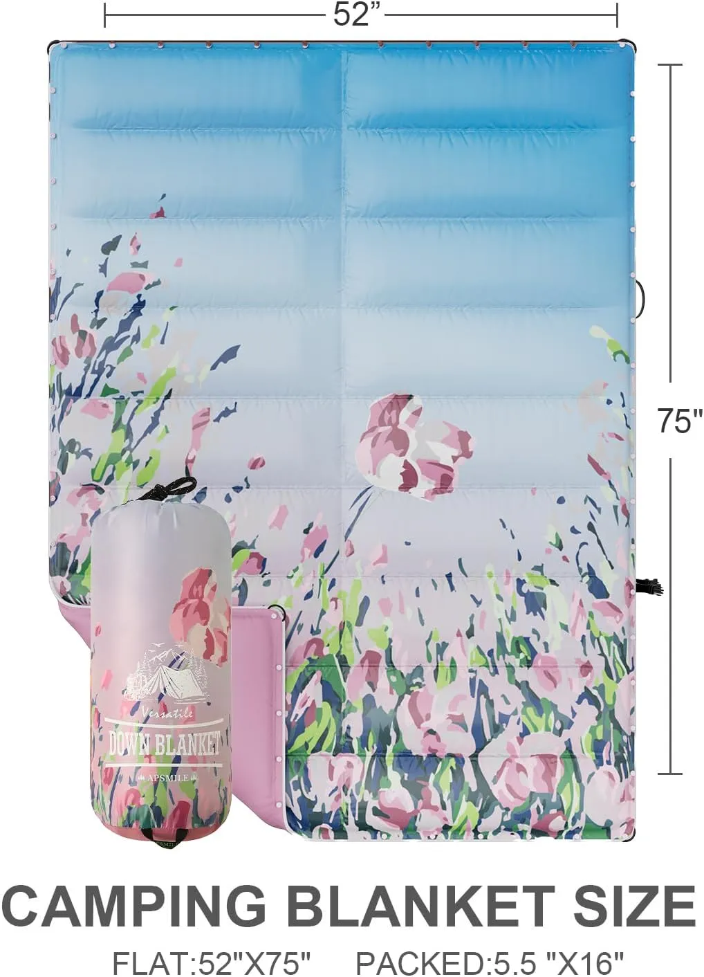APSMILE Outdoor Down Blanket | Extra Warm & Puffy Camping Blanket | Water-Resistant, Lightweight, Packable Sleeping Quilt for Camp, Travel, Hiking, Picnic, Backpack (Flower Field HD Printed, 52"x75")