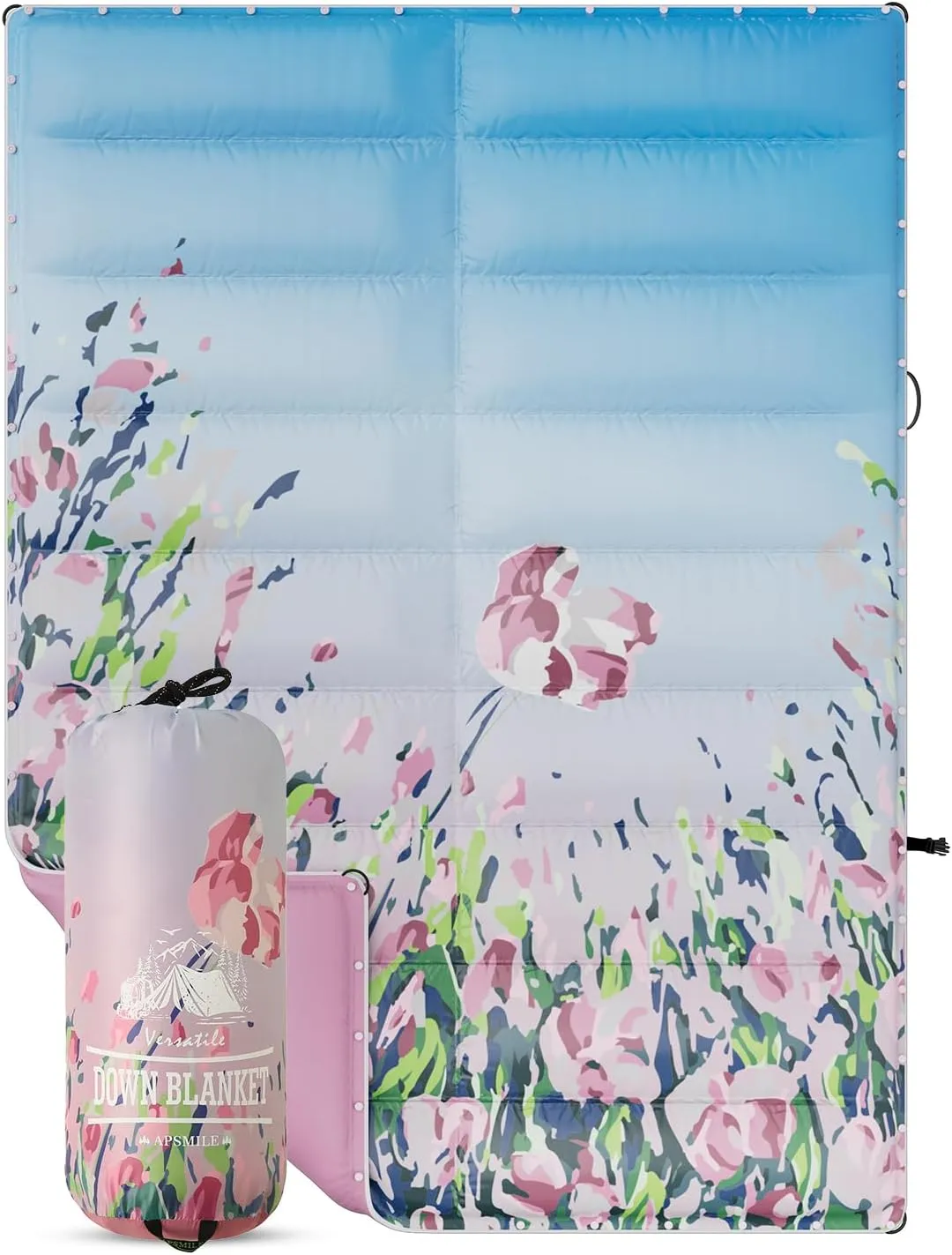 APSMILE Outdoor Down Blanket | Extra Warm & Puffy Camping Blanket | Water-Resistant, Lightweight, Packable Sleeping Quilt for Camp, Travel, Hiking, Picnic, Backpack (Flower Field HD Printed, 52"x75")
