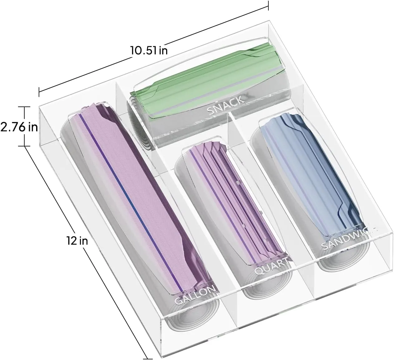Aquiver Acrylic Bags Storage Organizer - Baggie Bags Drawer Organizer & Plastic Food Storage Bags Holder - Compatible with Gallon, Quart, Sandwich, Snap, Freezer, Slider Bags (Clear)