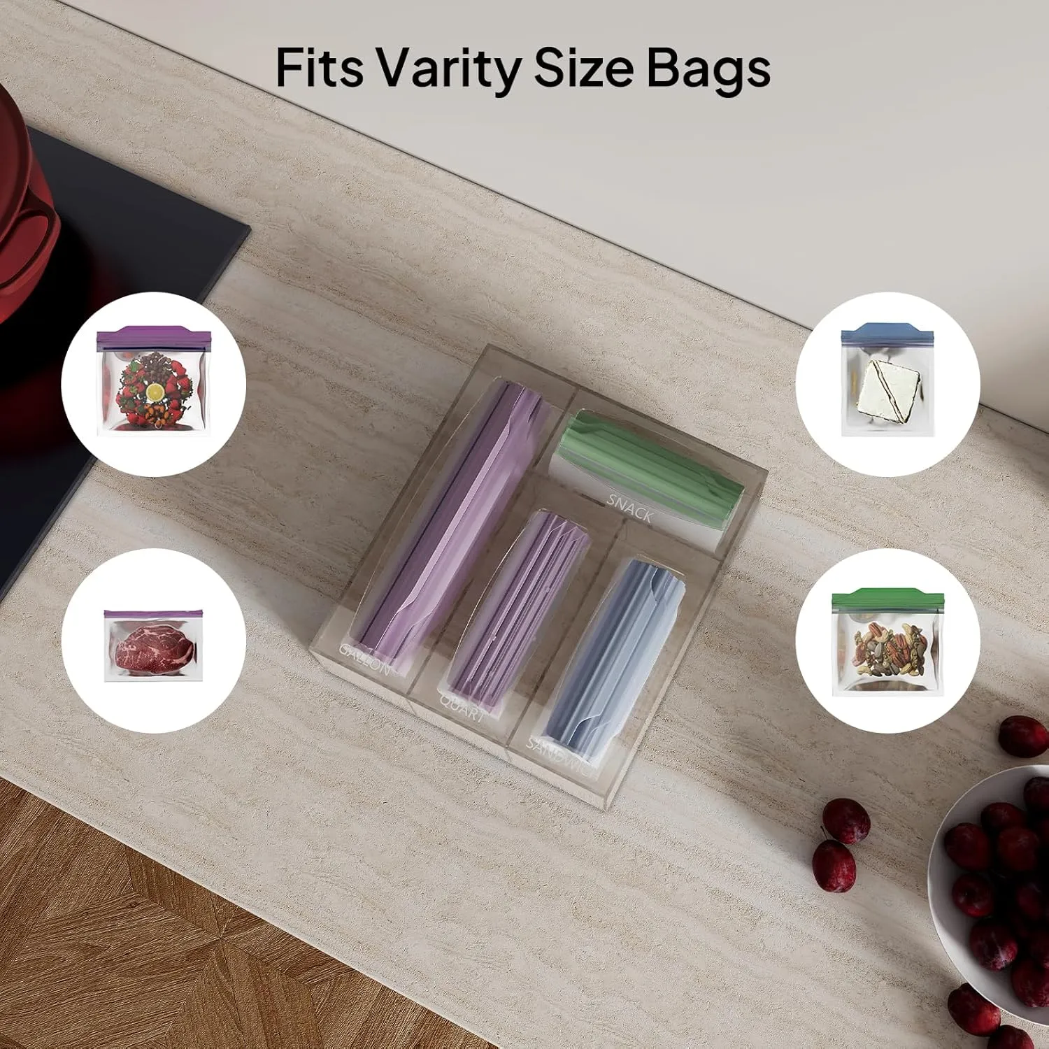 Aquiver Acrylic Bags Storage Organizer - Baggie Bags Drawer Organizer & Plastic Food Storage Bags Holder - Compatible with Gallon, Quart, Sandwich, Snap, Freezer, Slider Bags (Clear)