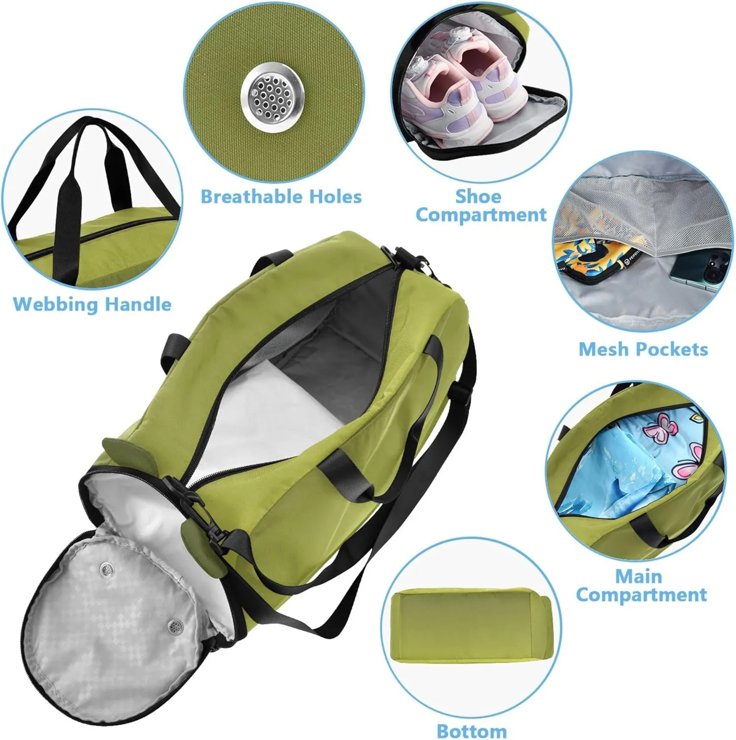 Army Green Yellow Gradient Girls Duffle Bags Travel Tote Overnight Bags Toddler Shoe Compartment Boys Carry on Duffel