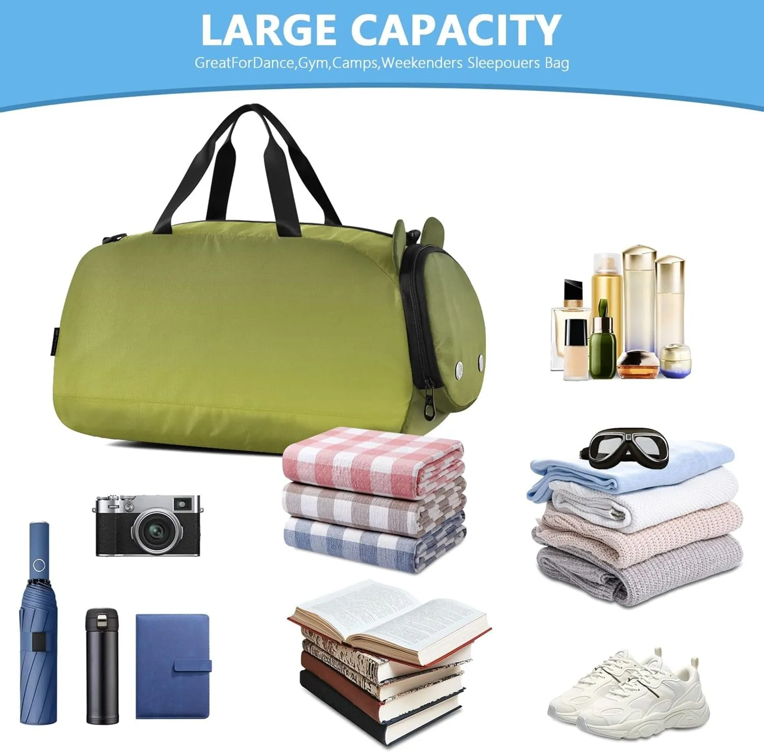 Army Green Yellow Gradient Girls Duffle Bags Travel Tote Overnight Bags Toddler Shoe Compartment Boys Carry on Duffel
