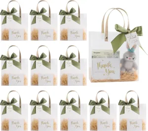 ARPOVIST 12 Pack Clear Plastic Gift Bags with Handles,Party Favor Bags with Green Ribbons and Tags,Reusable Frosted Tote Bags for Candy,Wedding Baby Shower Valentine's Day 7.9" x 7.9" x 3.1"