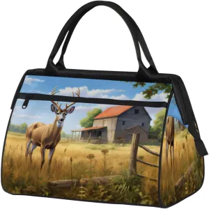 Art Prints Deer Barn Travel Duffle Bag, Waterproof Duffel Bag Weekender Overnight Carry On Bag Lightweight Sport Gym Bag for Men Women