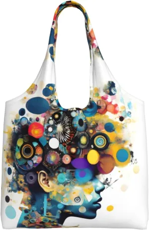 Artificial Intelligence Brain Print Vintage Women Canvas Tote Bag Reusable Shopping Bag 14.2 x 12.6 x 4 inch