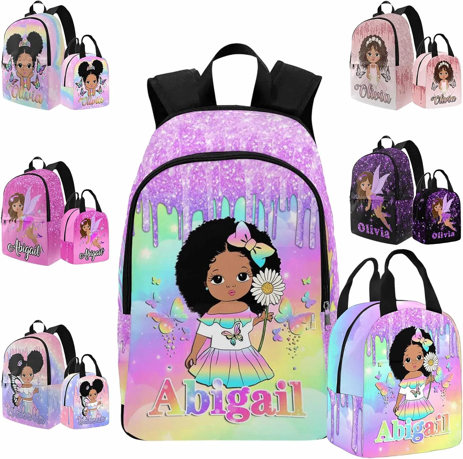 Artsadd Customized School Bags for Granddaughter, Custom Gradient Sparkle Shoulder Bags with Lunch Bag Box for Teens Personalized Waterproof Casual Daypack with Name