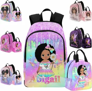 Artsadd Customized School Bags for Granddaughter, Custom Gradient Sparkle Shoulder Bags with Lunch Bag Box for Teens Personalized Waterproof Casual Daypack with Name