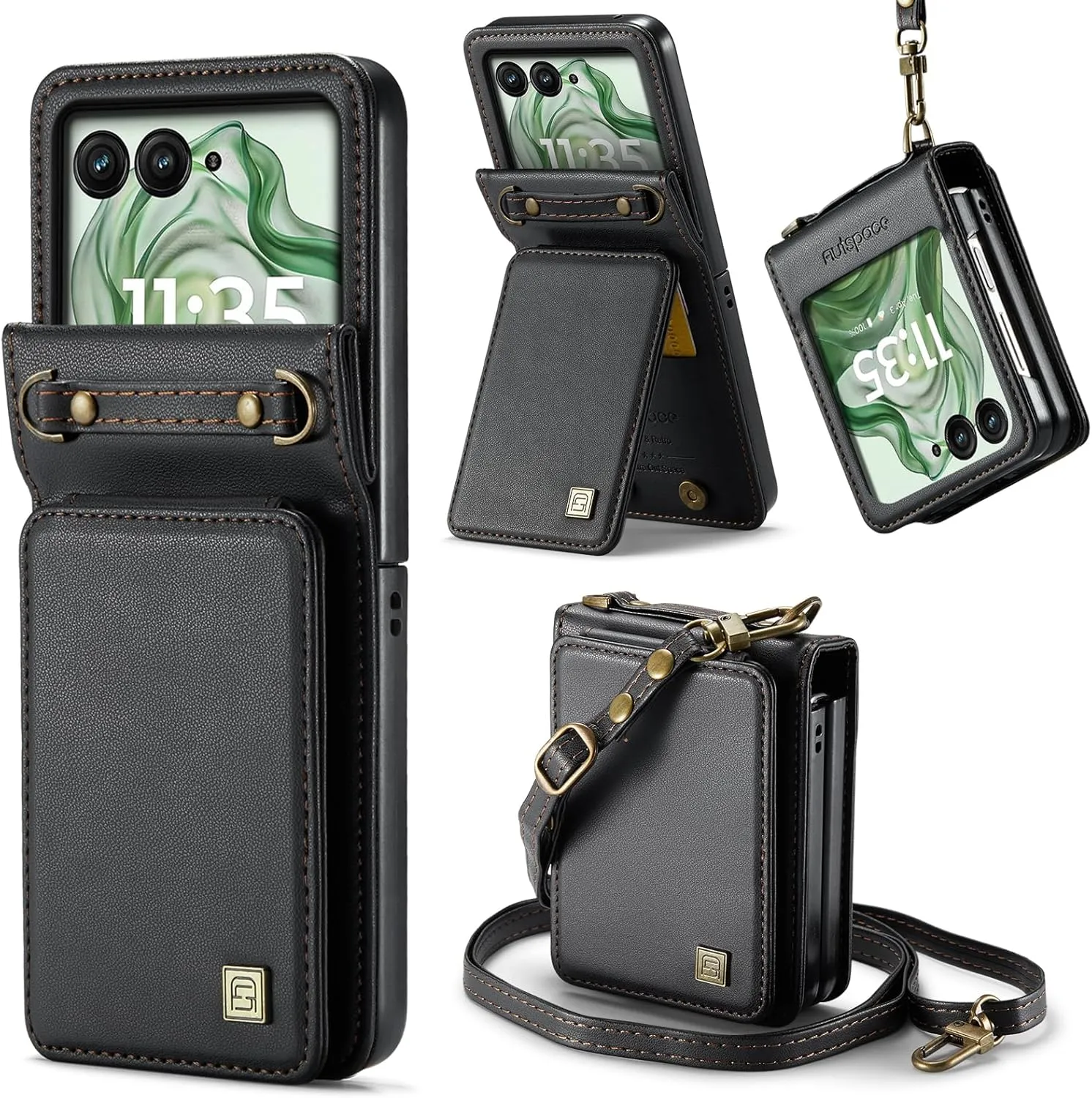 ASAPDOS Crossbody Case Compatible with Moto Razr  Plus 2024,Retro PU Leather Strap Wristlet Flip Case with Magnetic Closure and Card Holder for Men Women Black