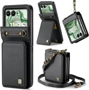ASAPDOS Crossbody Case Compatible with Moto Razr  Plus 2024,Retro PU Leather Strap Wristlet Flip Case with Magnetic Closure and Card Holder for Men Women Black