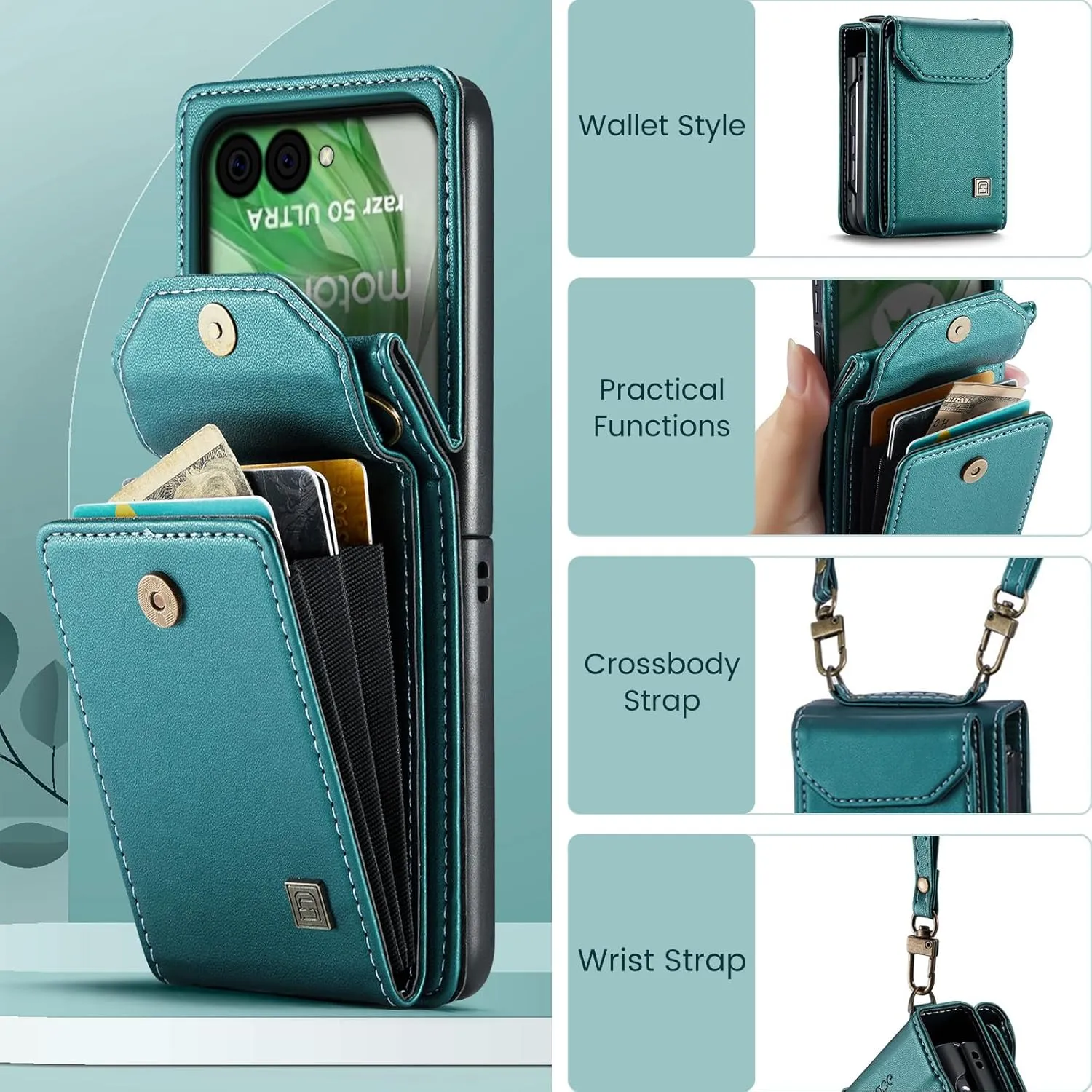 ASAPDOS Crossbody Case Compatible with Moto Razr  Plus 2024,Retro PU Leather Strap Wristlet Flip Case with Magnetic Closure and Card Holder for Men Women Blue Green