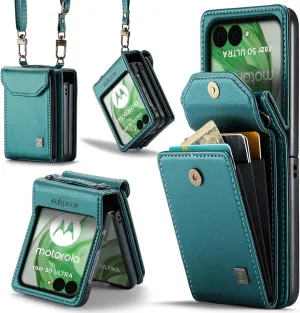 ASAPDOS Crossbody Case Compatible with Moto Razr  Plus 2024,Retro PU Leather Strap Wristlet Flip Case with Magnetic Closure and Card Holder for Men Women Blue Green