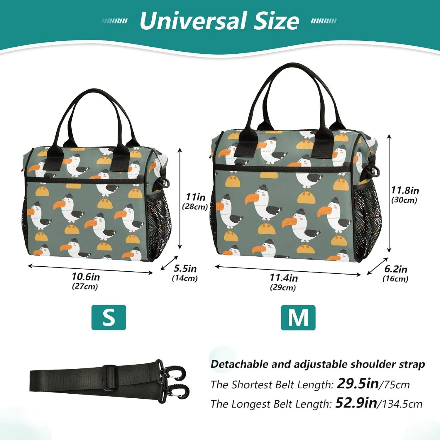 Aslsiy Cartoon Gull Green Insulated Lunch Bag Lunch Box for Women Reusable Lunch Tote Bag for Office Picnic S
