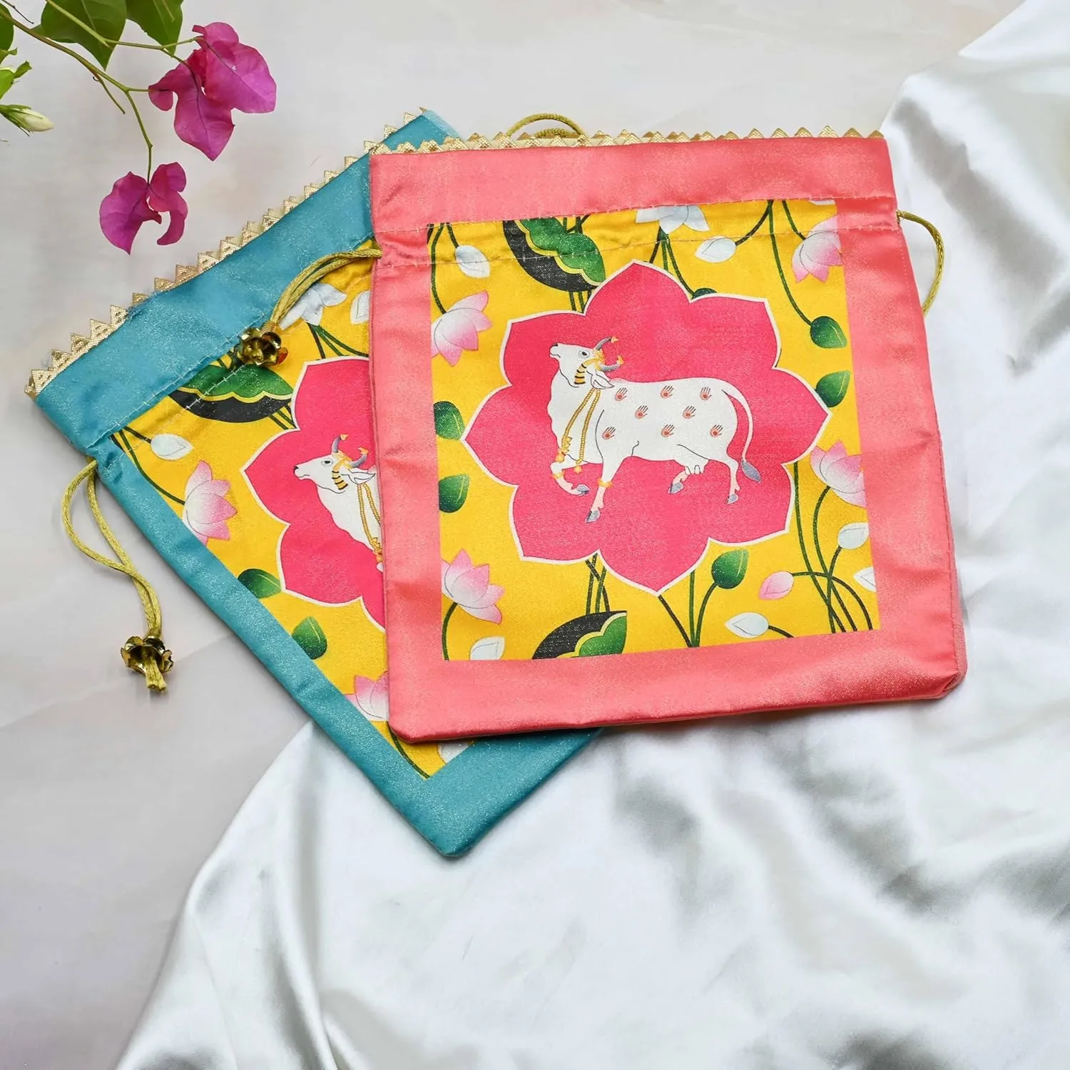 Assorted Lotus Cow Decorative Printed Silk Potli Traditional Elegance Cow Print Pichwai Potli Batwa Bag with Modern Handle