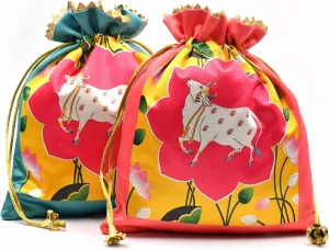 Assorted Lotus Cow Decorative Printed Silk Potli Traditional Elegance Cow Print Pichwai Potli Batwa Bag with Modern Handle