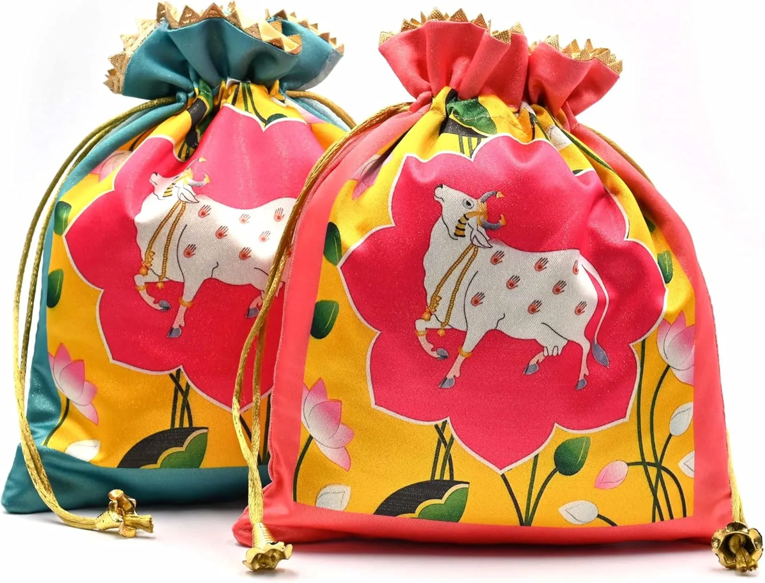 Assorted Lotus Cow Decorative Printed Silk Potli Traditional Elegance Cow Print Pichwai Potli Batwa Bag with Modern Handle
