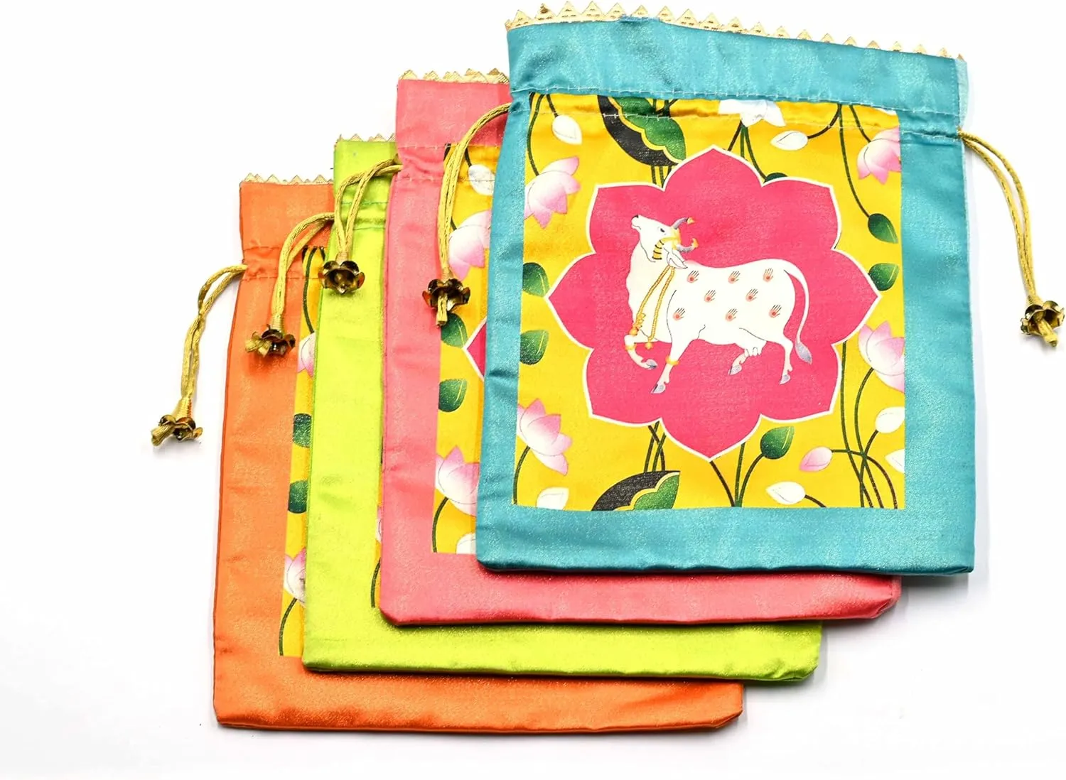 Assorted Lotus Cow Decorative Printed Silk Potli Traditional Elegance Cow Print Pichwai Potli Batwa Bag with Modern Handle