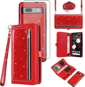Asuwish Phone Case for Google Pixel 7A 5G 2023 Zipper Wallet Detachable Cell Cover with Tempered Glass Screen Protector Crossbody Lanyard Strap Bling Glitter Flip Card Holder Pixel7A A7 Women Men Red