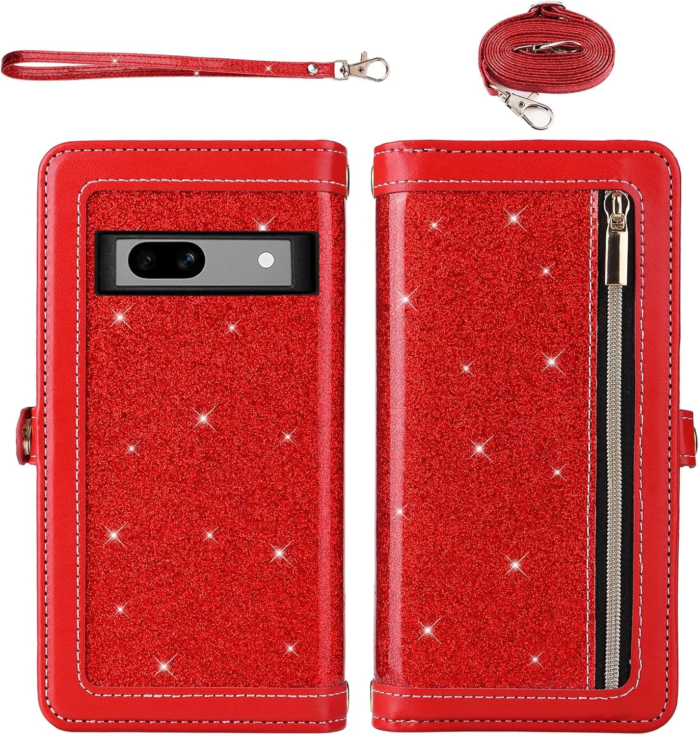 Asuwish Phone Case for Google Pixel 7A 5G 2023 Zipper Wallet Detachable Cell Cover with Tempered Glass Screen Protector Crossbody Lanyard Strap Bling Glitter Flip Card Holder Pixel7A A7 Women Men Red