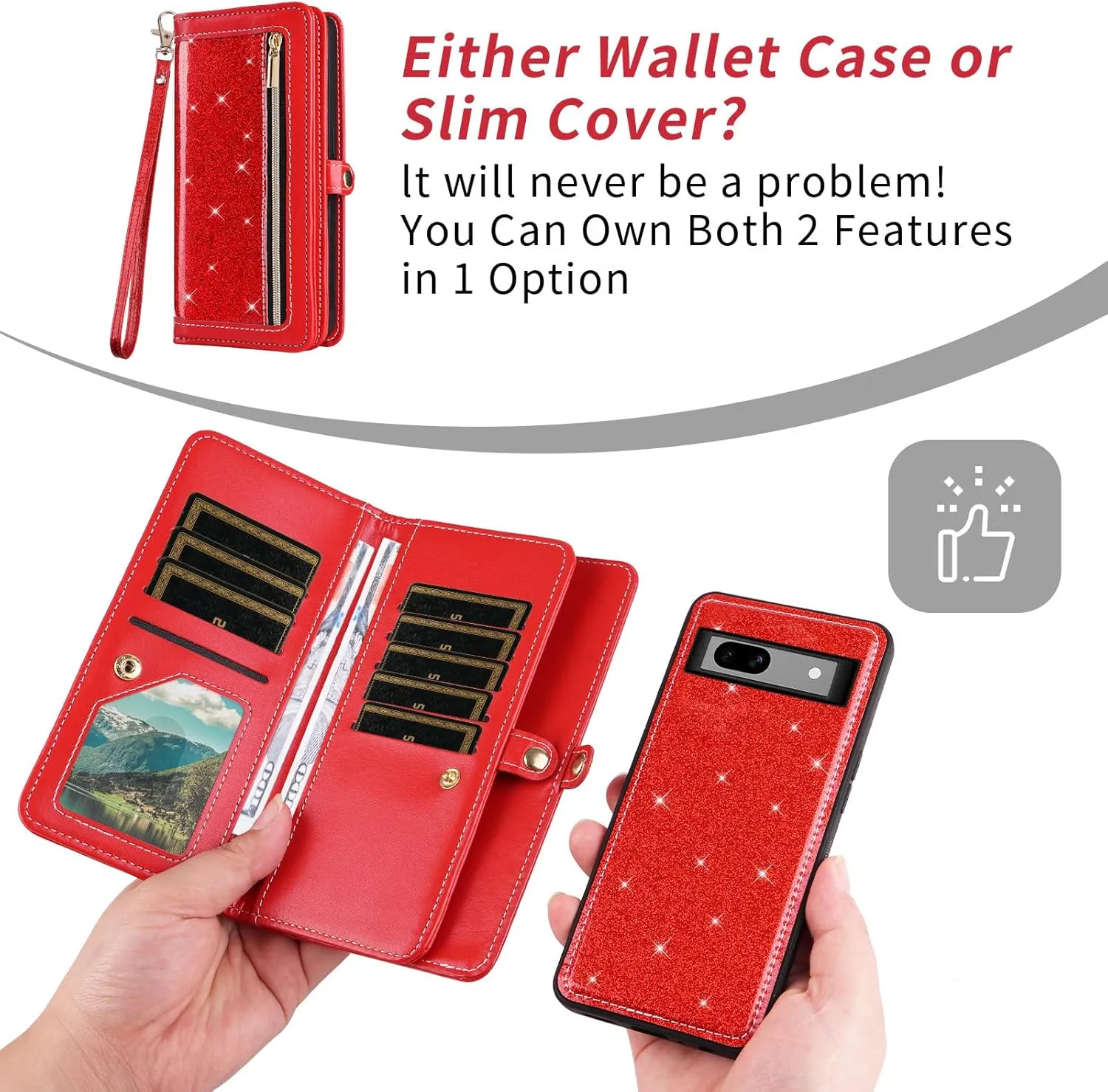 Asuwish Phone Case for Google Pixel 7A 5G 2023 Zipper Wallet Detachable Cell Cover with Tempered Glass Screen Protector Crossbody Lanyard Strap Bling Glitter Flip Card Holder Pixel7A A7 Women Men Red