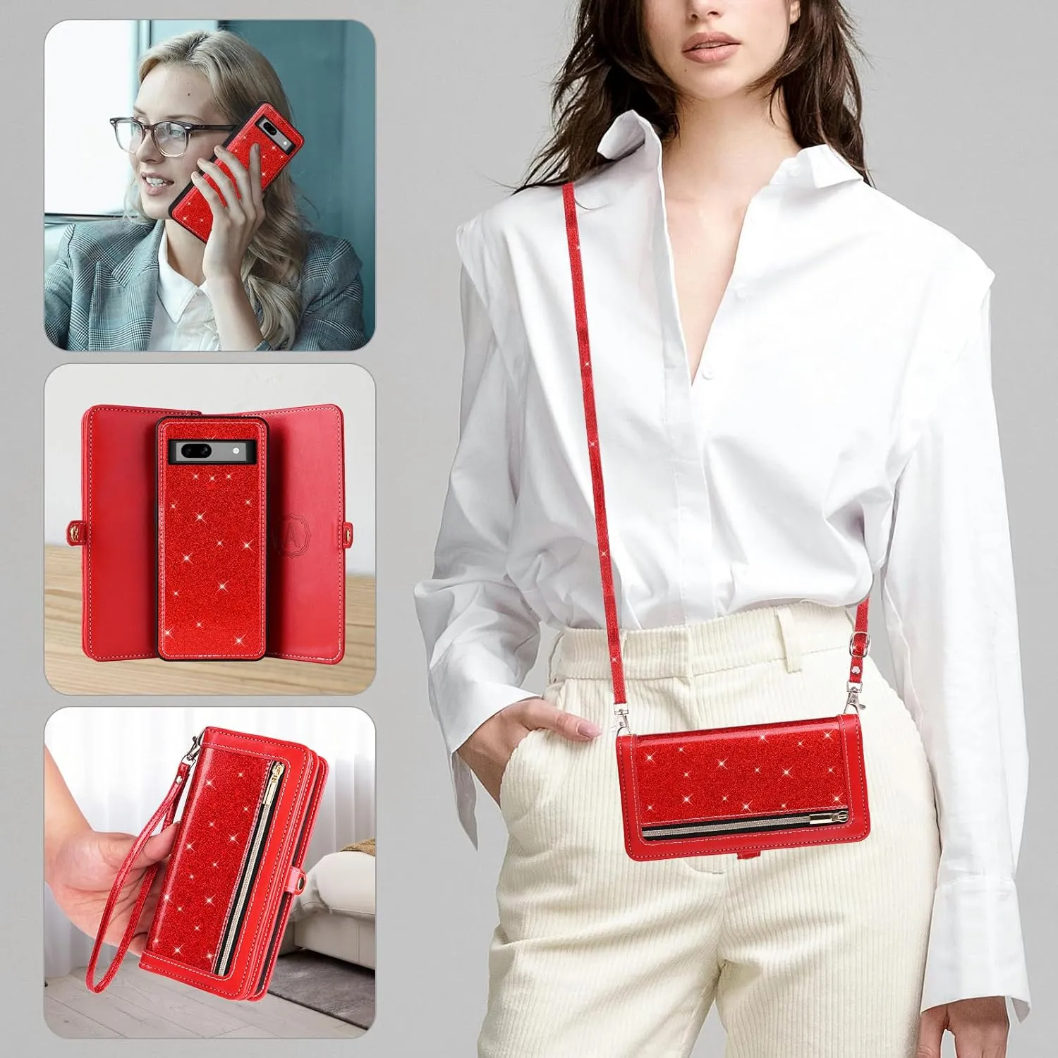 Asuwish Phone Case for Google Pixel 7A 5G 2023 Zipper Wallet Detachable Cell Cover with Tempered Glass Screen Protector Crossbody Lanyard Strap Bling Glitter Flip Card Holder Pixel7A A7 Women Men Red