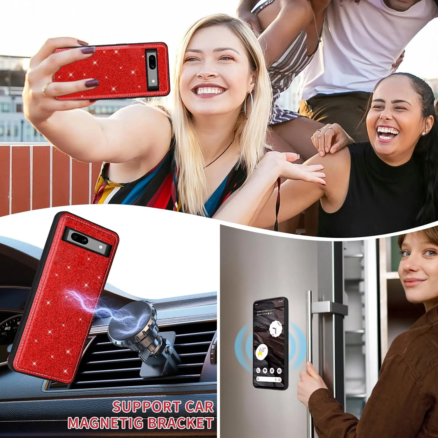 Asuwish Phone Case for Google Pixel 7A 5G 2023 Zipper Wallet Detachable Cell Cover with Tempered Glass Screen Protector Crossbody Lanyard Strap Bling Glitter Flip Card Holder Pixel7A A7 Women Men Red