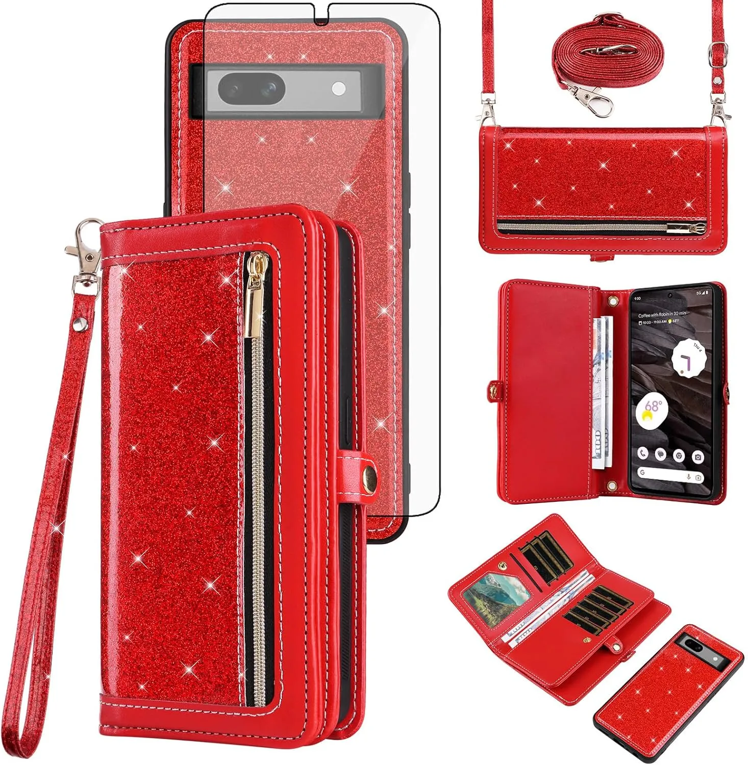 Asuwish Phone Case for Google Pixel 7A 5G 2023 Zipper Wallet Detachable Cell Cover with Tempered Glass Screen Protector Crossbody Lanyard Strap Bling Glitter Flip Card Holder Pixel7A A7 Women Men Red