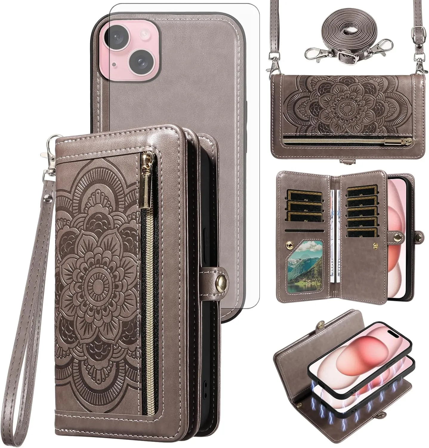 Asuwish Phone Case for iPhone 15 6.1 inch Zipper Wallet Magnetic Detachable Cell Cover with Tempered Glass Screen Protector Crossbody Strap Mandala Flower Card Holder i Phone15 i15 15Case Women Gray