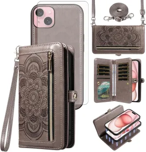 Asuwish Phone Case for iPhone 15 6.1 inch Zipper Wallet Magnetic Detachable Cell Cover with Tempered Glass Screen Protector Crossbody Strap Mandala Flower Card Holder i Phone15 i15 15Case Women Gray