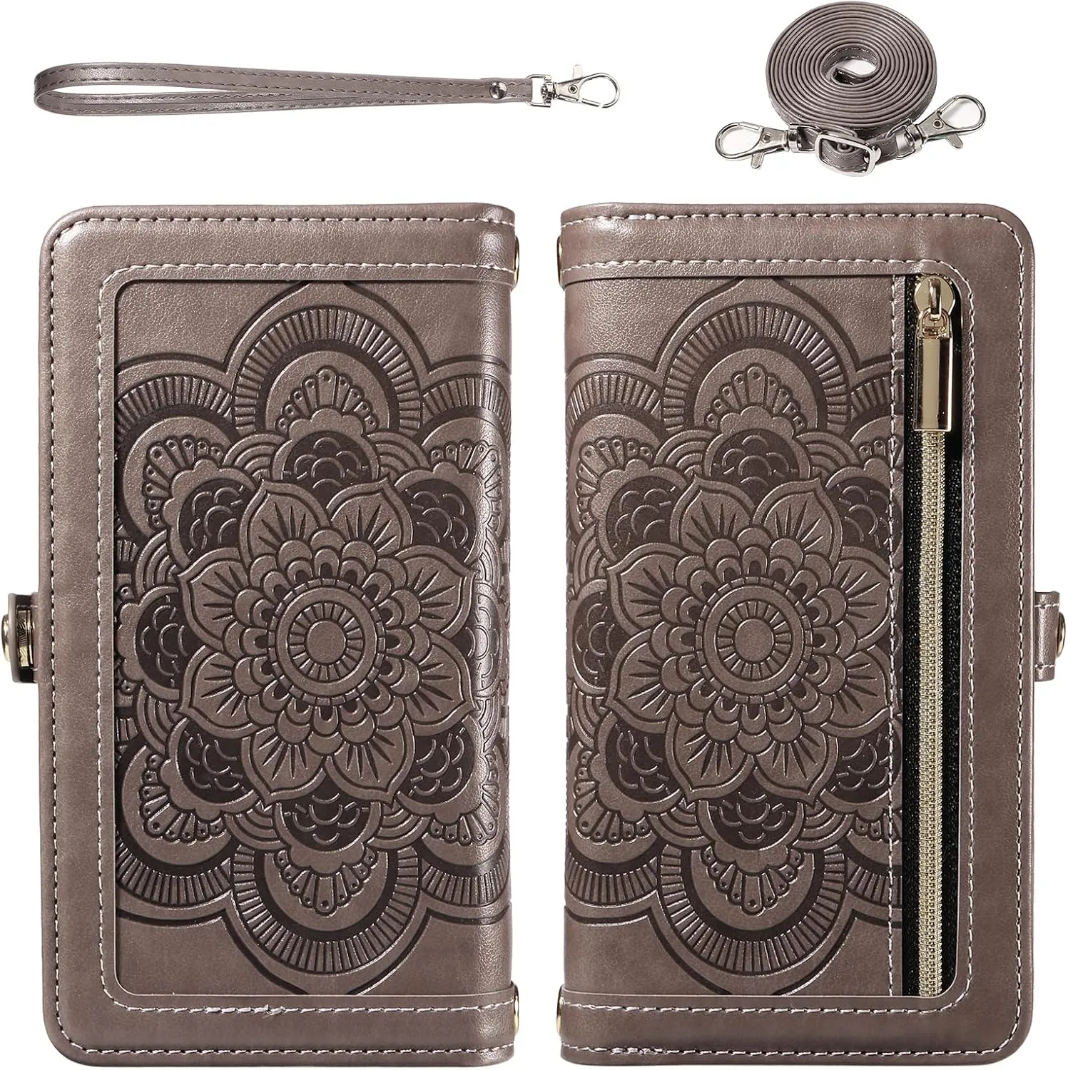 Asuwish Phone Case for iPhone 15 6.1 inch Zipper Wallet Magnetic Detachable Cell Cover with Tempered Glass Screen Protector Crossbody Strap Mandala Flower Card Holder i Phone15 i15 15Case Women Gray