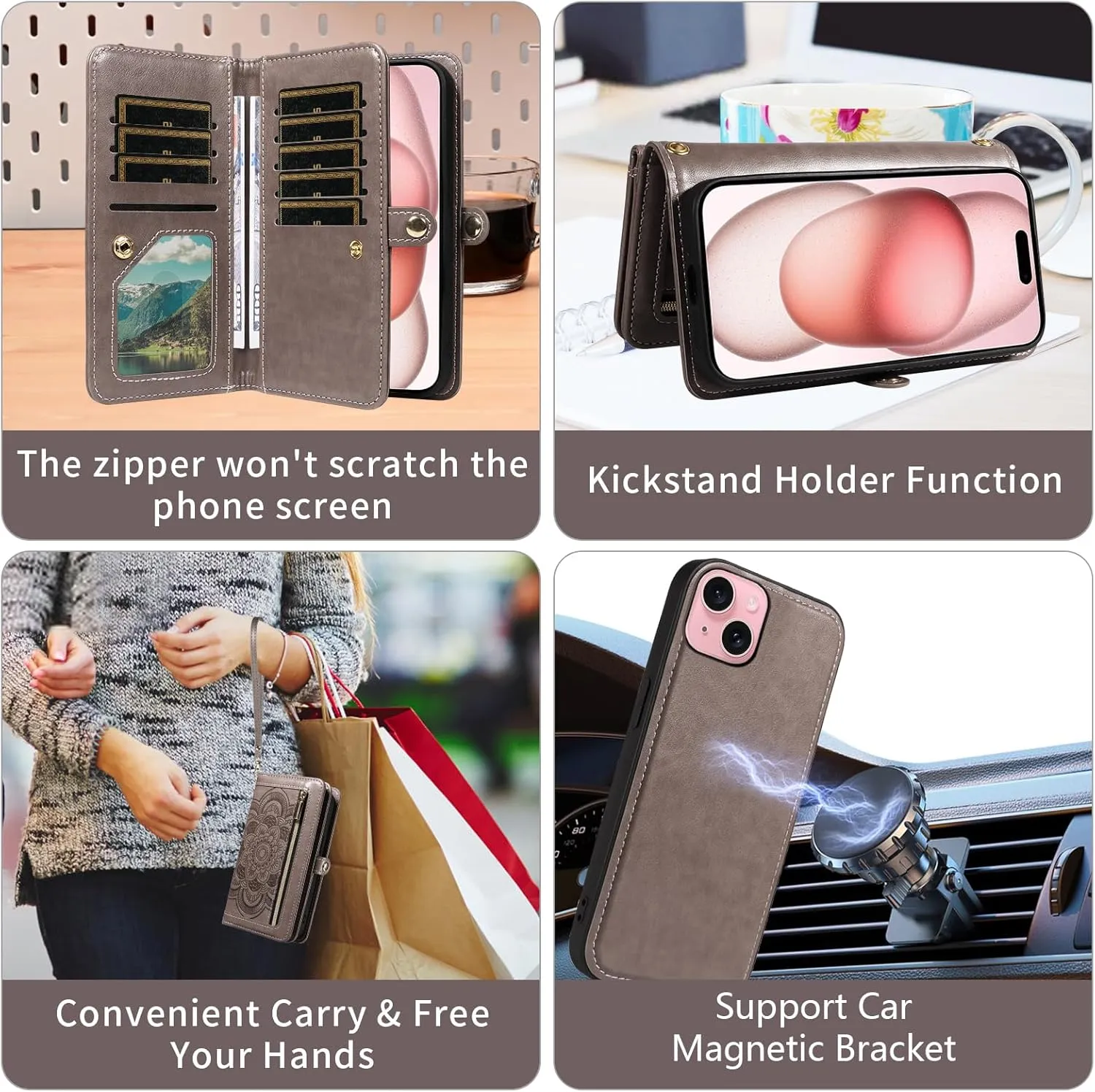 Asuwish Phone Case for iPhone 15 6.1 inch Zipper Wallet Magnetic Detachable Cell Cover with Tempered Glass Screen Protector Crossbody Strap Mandala Flower Card Holder i Phone15 i15 15Case Women Gray