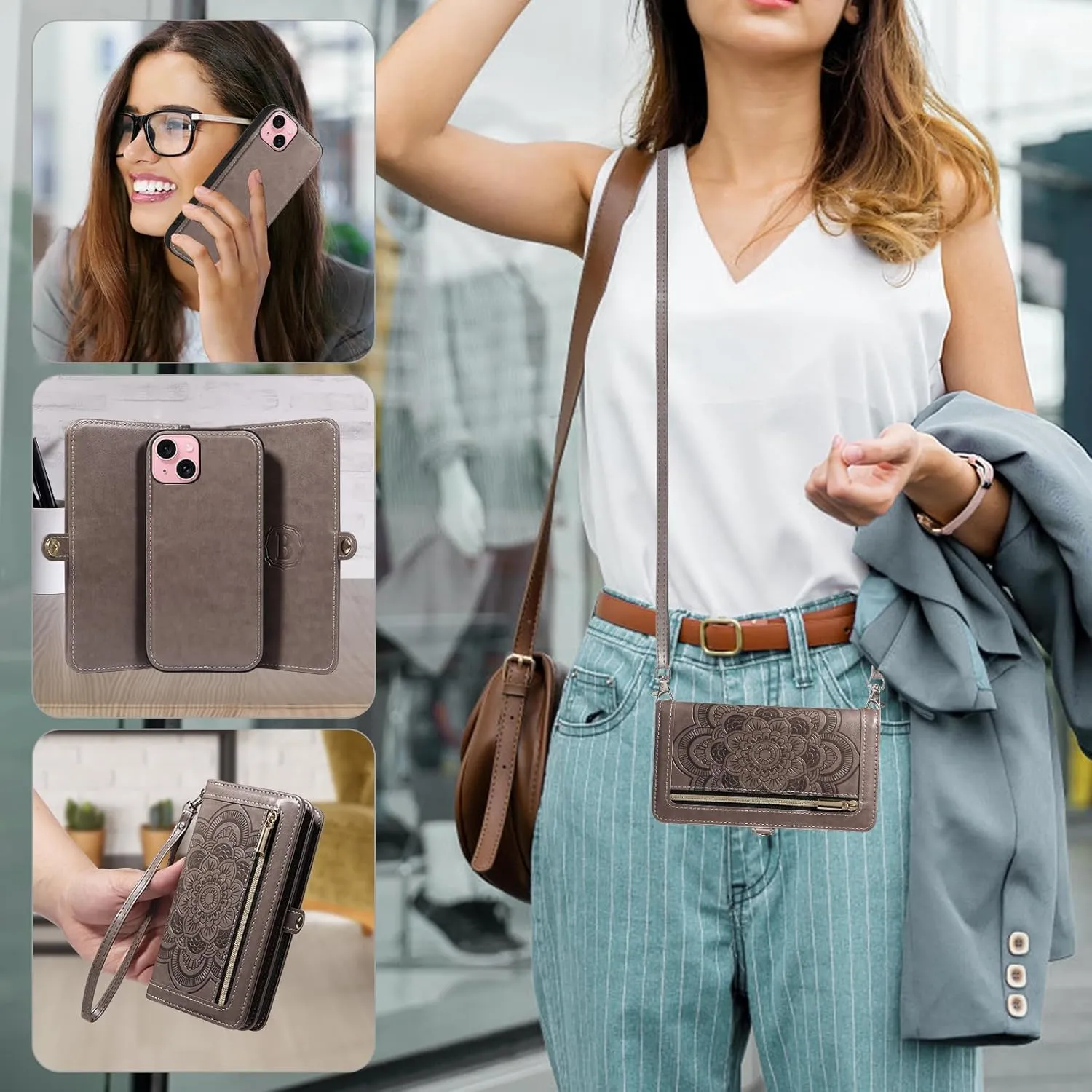 Asuwish Phone Case for iPhone 15 6.1 inch Zipper Wallet Magnetic Detachable Cell Cover with Tempered Glass Screen Protector Crossbody Strap Mandala Flower Card Holder i Phone15 i15 15Case Women Gray