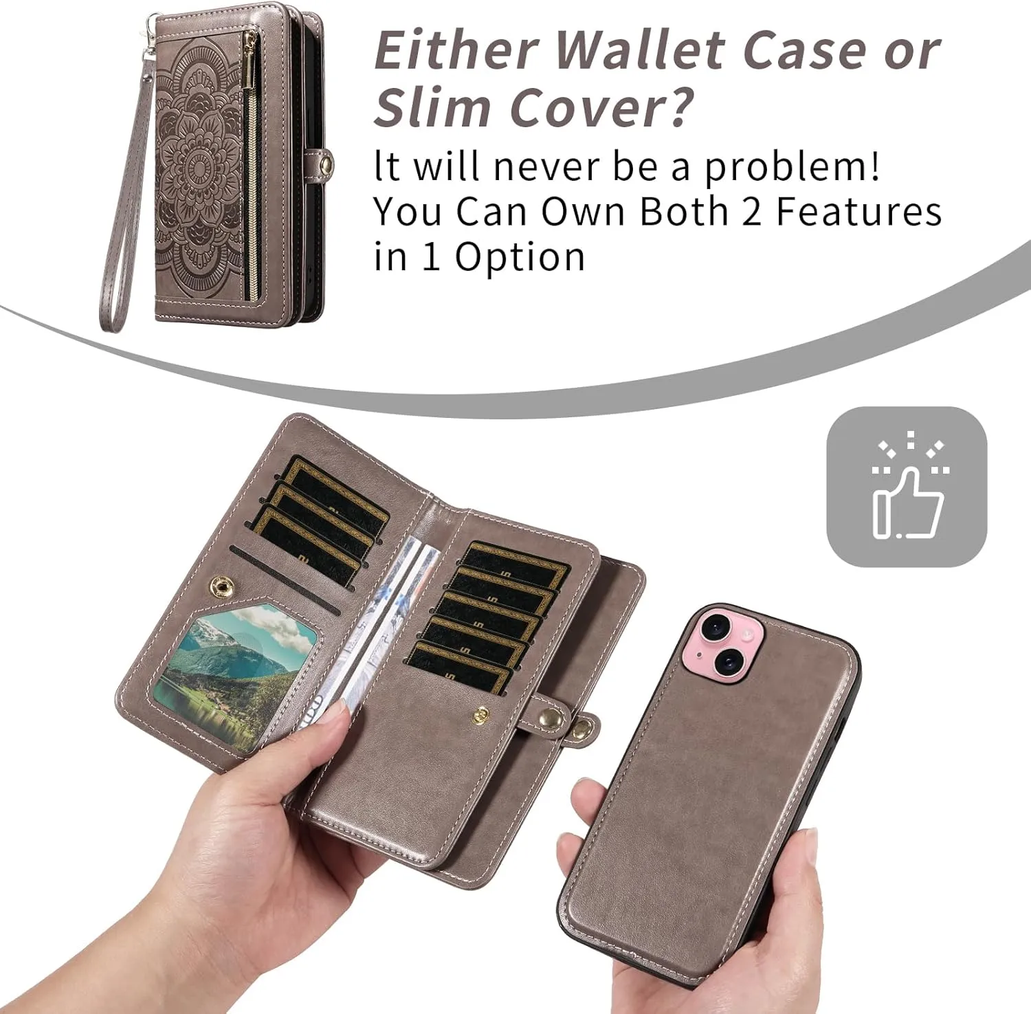Asuwish Phone Case for iPhone 15 6.1 inch Zipper Wallet Magnetic Detachable Cell Cover with Tempered Glass Screen Protector Crossbody Strap Mandala Flower Card Holder i Phone15 i15 15Case Women Gray