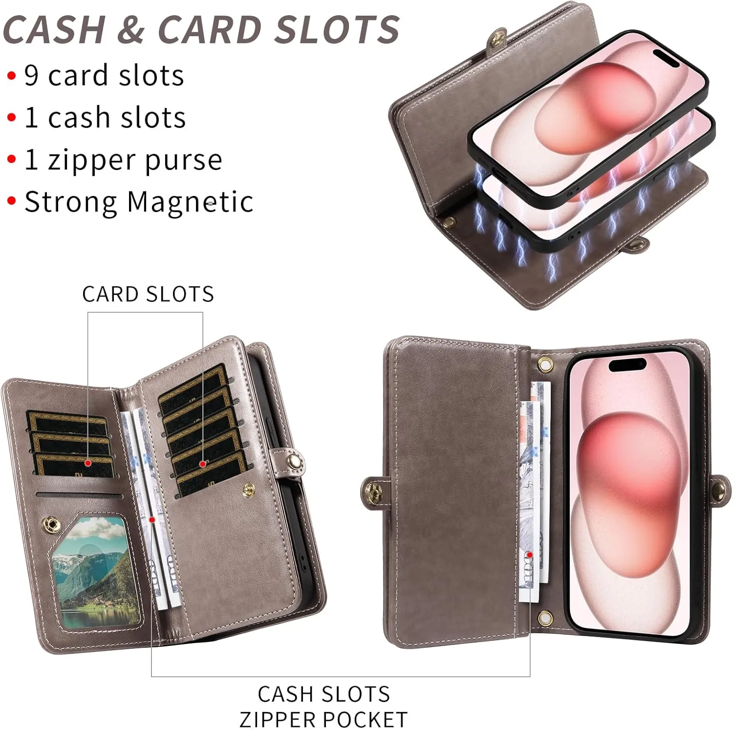 Asuwish Phone Case for iPhone 15 6.1 inch Zipper Wallet Magnetic Detachable Cell Cover with Tempered Glass Screen Protector Crossbody Strap Mandala Flower Card Holder i Phone15 i15 15Case Women Gray