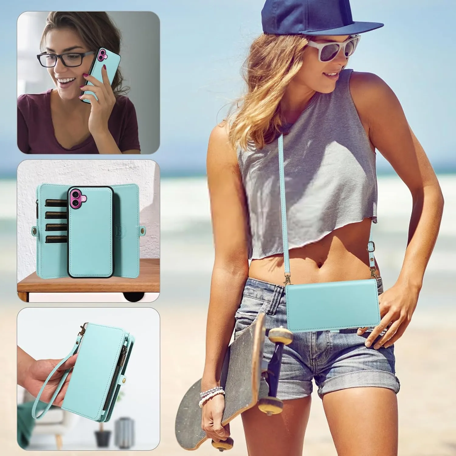 Asuwish Phone Case for iPhone 16 Plus 6.7 inch Zipper Wallet Detachable Cover with Tempered Glass Screen Protector Crossbody Lanyard Strap Flip Card Holder Slot i Phone16 16  i16   16Plus Green