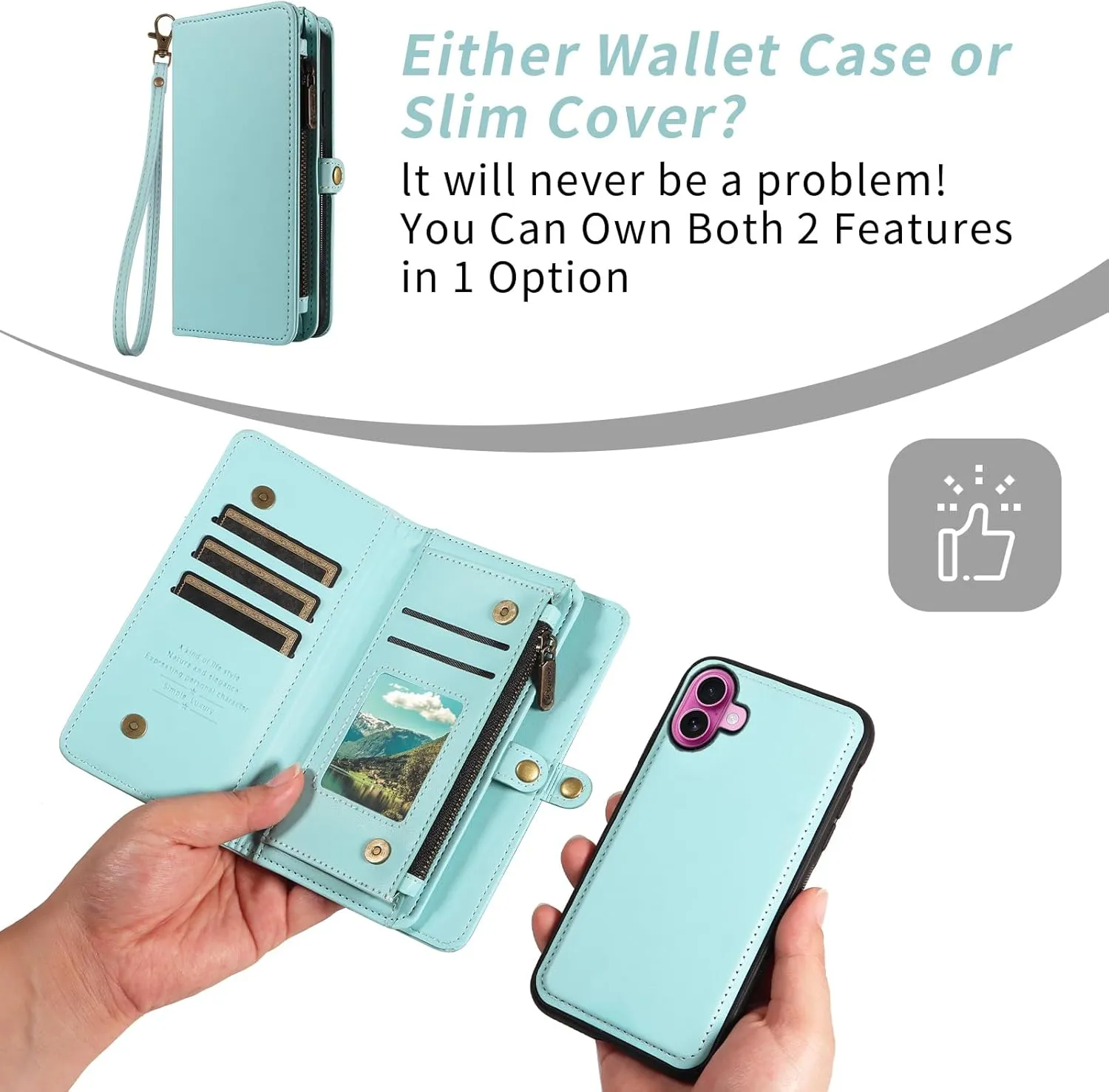 Asuwish Phone Case for iPhone 16 Plus 6.7 inch Zipper Wallet Detachable Cover with Tempered Glass Screen Protector Crossbody Lanyard Strap Flip Card Holder Slot i Phone16 16  i16   16Plus Green