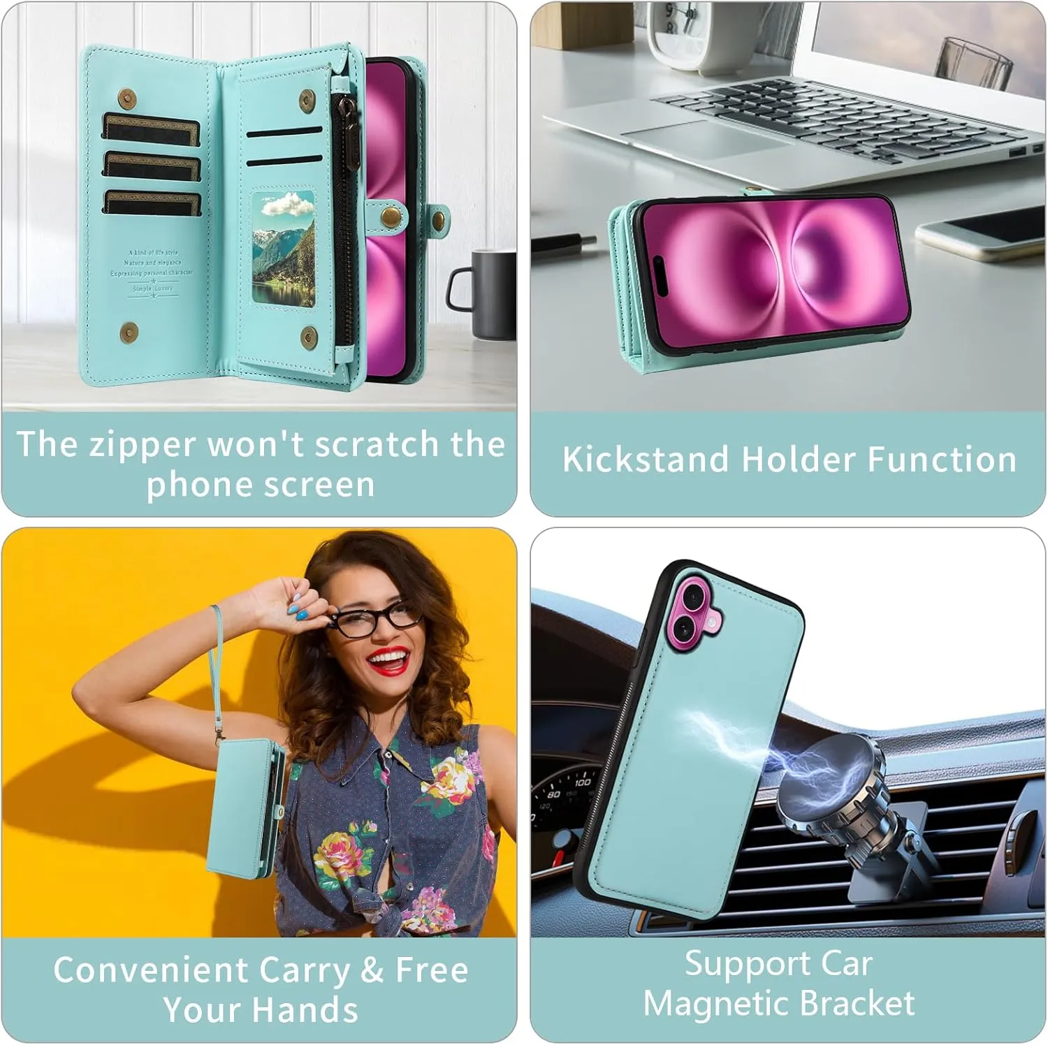 Asuwish Phone Case for iPhone 16 Plus 6.7 inch Zipper Wallet Detachable Cover with Tempered Glass Screen Protector Crossbody Lanyard Strap Flip Card Holder Slot i Phone16 16  i16   16Plus Green