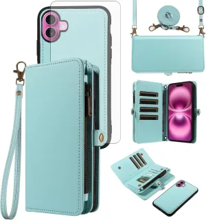 Asuwish Phone Case for iPhone 16 Plus 6.7 inch Zipper Wallet Detachable Cover with Tempered Glass Screen Protector Crossbody Lanyard Strap Flip Card Holder Slot i Phone16 16  i16   16Plus Green