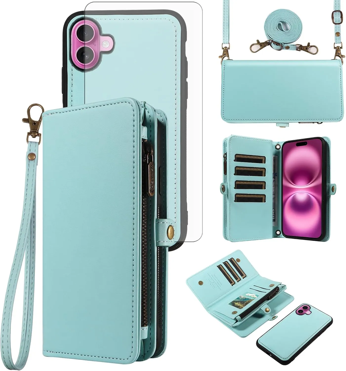 Asuwish Phone Case for iPhone 16 Plus 6.7 inch Zipper Wallet Detachable Cover with Tempered Glass Screen Protector Crossbody Lanyard Strap Flip Card Holder Slot i Phone16 16  i16   16Plus Green
