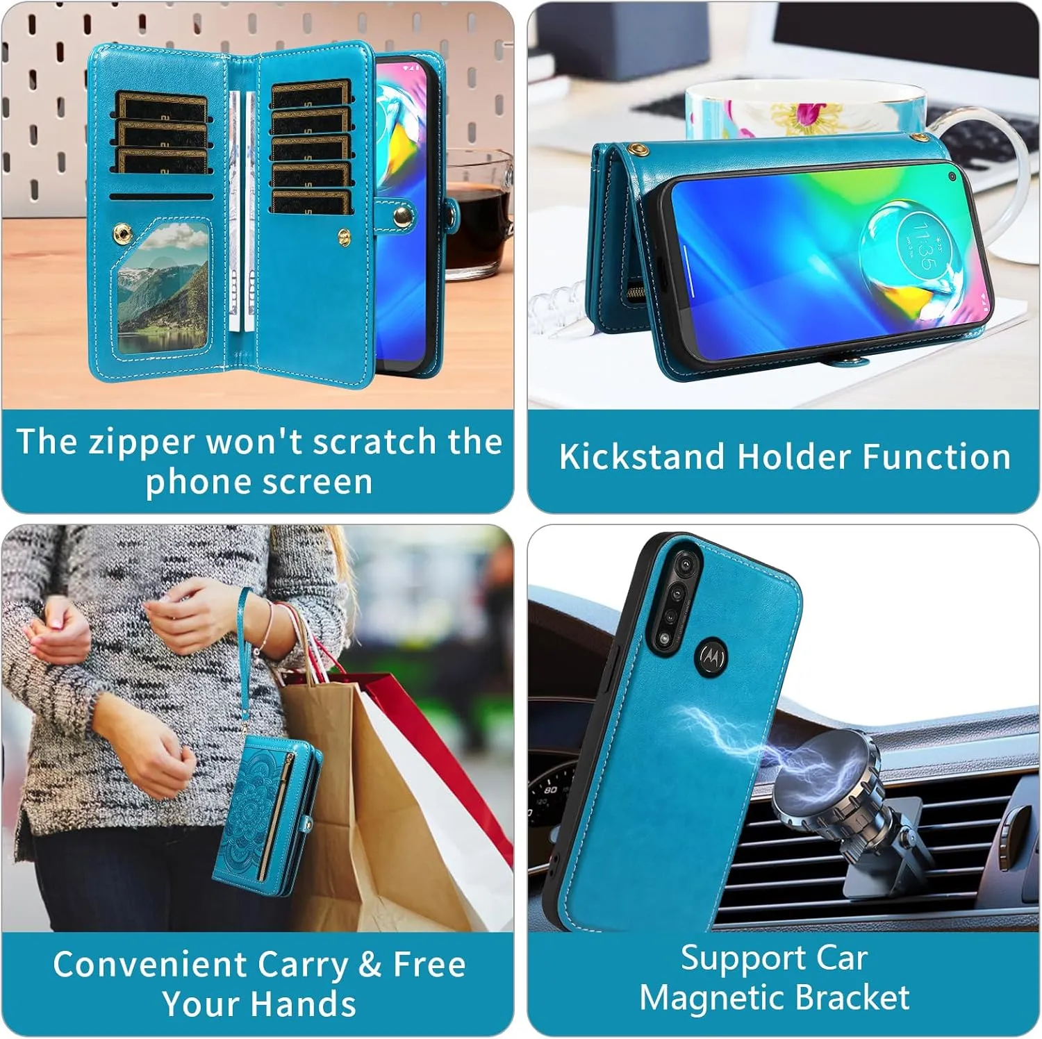 Asuwish Phone Case for Moto G Power 2020 Zipper Wallet Magnetic Detachable Cell Cover with Tempered Glass Screen Protector Crossbody Lanyard Strap Mandala Flower Card Holder Motorola GPower Women Blue