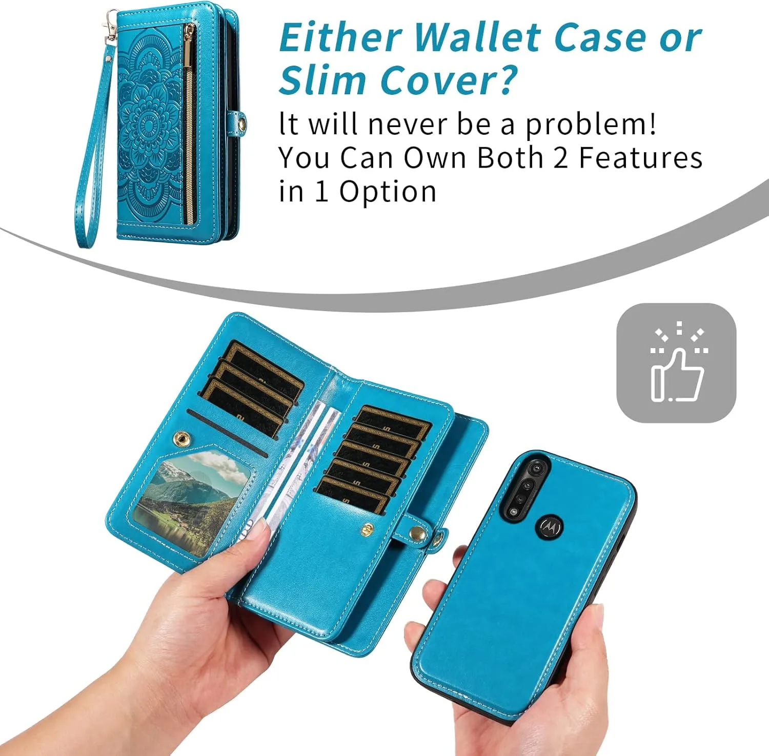 Asuwish Phone Case for Moto G Power 2020 Zipper Wallet Magnetic Detachable Cell Cover with Tempered Glass Screen Protector Crossbody Lanyard Strap Mandala Flower Card Holder Motorola GPower Women Blue