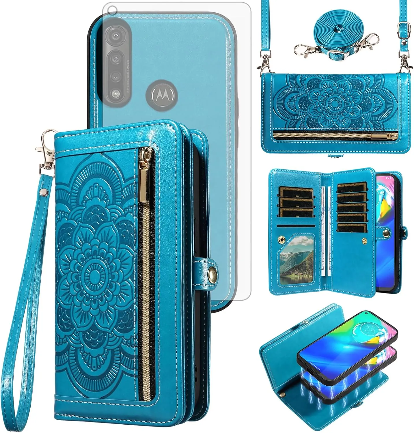 Asuwish Phone Case for Moto G Power 2020 Zipper Wallet Magnetic Detachable Cell Cover with Tempered Glass Screen Protector Crossbody Lanyard Strap Mandala Flower Card Holder Motorola GPower Women Blue