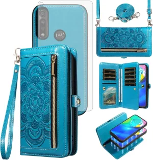 Asuwish Phone Case for Moto G Power 2020 Zipper Wallet Magnetic Detachable Cell Cover with Tempered Glass Screen Protector Crossbody Lanyard Strap Mandala Flower Card Holder Motorola GPower Women Blue