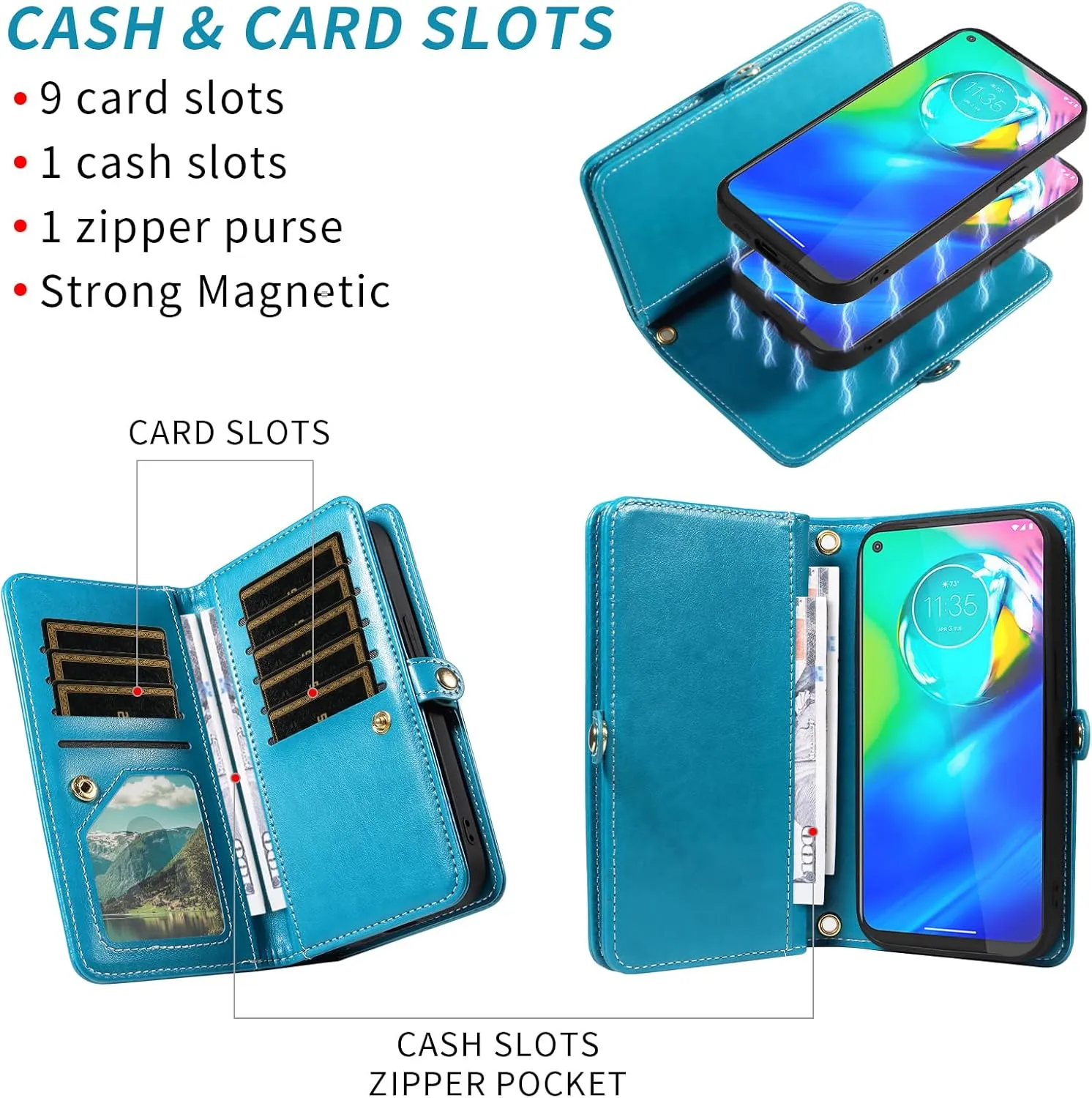 Asuwish Phone Case for Moto G Power 2020 Zipper Wallet Magnetic Detachable Cell Cover with Tempered Glass Screen Protector Crossbody Lanyard Strap Mandala Flower Card Holder Motorola GPower Women Blue